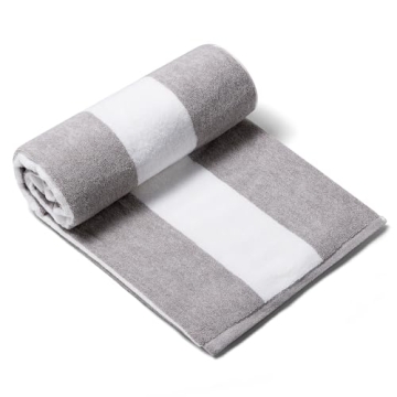 CLOWOOD Plush Oversized Beach Towel - Cotton 40 x 72 Inch Large Thick Charcoal Grey Striped Cabana P...