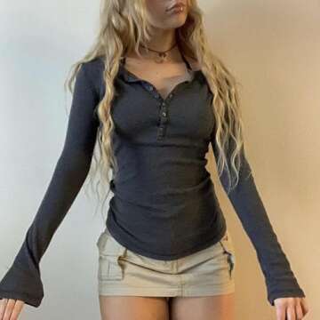 Seyurigaoka Women Girls Fairy Grunge Crop Top Vintage Long Sleeve T-Shirt Button Tee Solid Ribbed Slim Fit Blouse Tops(Button Tee-Black,Medium