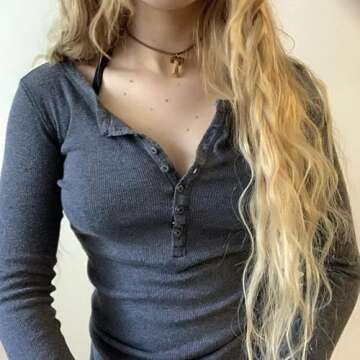 Seyurigaoka Women Girls Fairy Grunge Crop Top Vintage Long Sleeve T-Shirt Button Tee Solid Ribbed Slim Fit Blouse Tops(Button Tee-Black,Medium