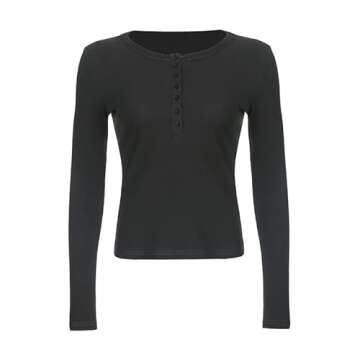 Seyurigaoka Women Girls Fairy Grunge Crop Top Vintage Long Sleeve T-Shirt Button Tee Solid Ribbed Slim Fit Blouse Tops(Button Tee-Black,Medium