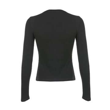 Seyurigaoka Women Girls Fairy Grunge Crop Top Vintage Long Sleeve T-Shirt Button Tee Solid Ribbed Slim Fit Blouse Tops(Button Tee-Black,Medium