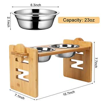 Elevated Dog Bowls, Adjustable Raised Tilted French Bulldog Food Water Bowl, Slanted Bamboo Pet Feeding Station with Stainless Steel Bowl for Small & Medium Dogs, Cat Kitten Flat Faced Puppy Feeder