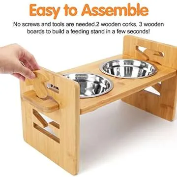 Elevated Dog Bowls, Adjustable Raised Tilted French Bulldog Food Water Bowl, Slanted Bamboo Pet Feeding Station with Stainless Steel Bowl for Small & Medium Dogs, Cat Kitten Flat Faced Puppy Feeder