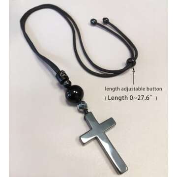 Ecooon Natural black Tourmaline cross pendant necklace crystal mixing hematite, handmade protection ...
