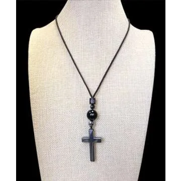 Ecooon Natural black Tourmaline cross pendant necklace crystal mixing hematite, handmade protection Feng Shui Chakra Tourmaline gemstone Jewelry for Women and Men
