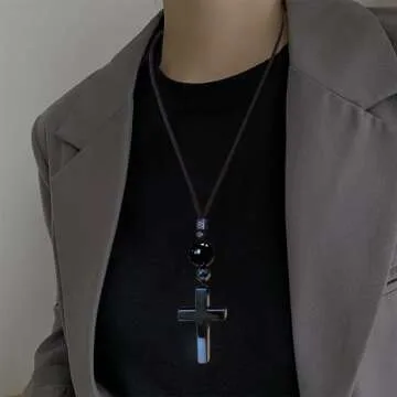 Ecooon Natural black Tourmaline cross pendant necklace crystal mixing hematite, handmade protection Feng Shui Chakra Tourmaline gemstone Jewelry for Women and Men