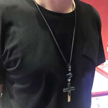 Ecooon Natural black Tourmaline cross pendant necklace crystal mixing hematite, handmade protection Feng Shui Chakra Tourmaline gemstone Jewelry for Women and Men