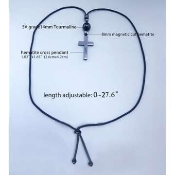 Ecooon Natural black Tourmaline cross pendant necklace crystal mixing hematite, handmade protection Feng Shui Chakra Tourmaline gemstone Jewelry for Women and Men