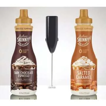 Jordan's Skinny Sauces Bundle - Salted Caramel and Dark Chocolate Espresso, 2-12 oz Bottles with Milk Frother (1 Dark Choc / 1 Caramel)