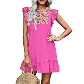 KIRUNDO Women's Summer Mini Dress Casual V Neck Floral Embroidered Valentines Ruffle Sleeveless Shift Dress Flowy Boho Dress, Rose Red, Small