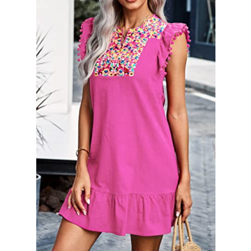 KIRUNDO Women's Summer Mini Dress Casual V Neck Floral Embroidered Valentines Ruffle Sleeveless Shift Dress Flowy Boho Dress, Rose Red, Small