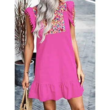 KIRUNDO Women's Summer Mini Dress Casual V Neck Floral Embroidered Valentines Ruffle Sleeveless Shift Dress Flowy Boho Dress, Rose Red, Small