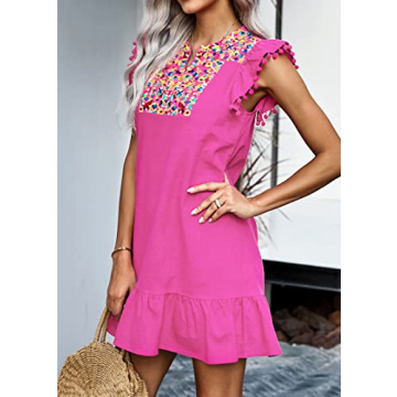 KIRUNDO Women's Summer Mini Dress Casual V Neck Floral Embroidered Valentines Ruffle Sleeveless Shift Dress Flowy Boho Dress, Rose Red, Small