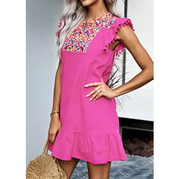 KIRUNDO Women's Summer Mini Dress Casual V Neck Floral Embroidered Valentines Ruffle Sleeveless Shift Dress Flowy Boho Dress, Rose Red, Small