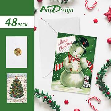 AnyDesign 48 Pack Christmas Holiday Greeting Cards Assortment Vintage Watercolor Christmas Blank Note Cards with Sealing Stickers Envelopes for Xmas Party Invitation, 12 Design, 4 x 6 Inch