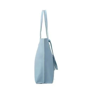 Dreubea Women's Soft Faux Leather Tote Shoulder Bag from, Big Capacity Tassel Handbag Pastel Blue