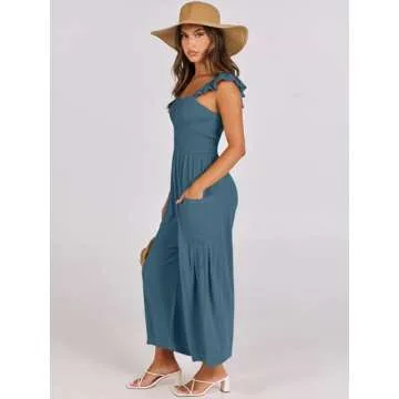 ANRABESS Women Summer Casual Dressy Sleeveless Smocked Wide Leg Linen Jumpsuits Rompers 2025 Trendy Travel Outfit Pocket Teal Small