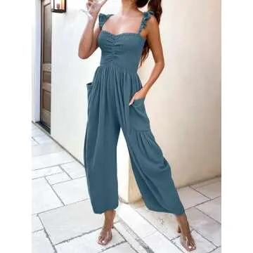 ANRABESS Women Summer Casual Dressy Sleeveless Smocked Wide Leg Linen Jumpsuits Rompers 2025 Trendy Travel Outfit Pocket Teal Small