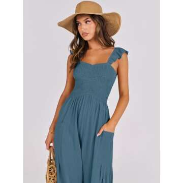 ANRABESS Women Summer Casual Dressy Sleeveless Smocked Wide Leg Linen Jumpsuits Rompers 2025 Trendy Travel Outfit Pocket Teal Small