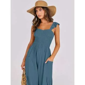 ANRABESS Women Summer Casual Dressy Sleeveless Smocked Wide Leg Linen Jumpsuits Rompers 2025 Trendy Travel Outfit Pocket Teal Small