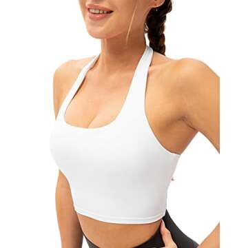 Lavento Women's Halter Sports Bra Pleated Longline Padded Yoga Crop Bras Top (White, 6)