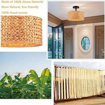 Rattan Ceiling Light Fixture Boho Semi Flush Mount Ceiling Light,3 Light Farmhouse Chandelier Ceiling Light Fixtures with Woven Wicker Lampshade,Rustic Ceiling Lamp Flush Mount for Living Bedroom
