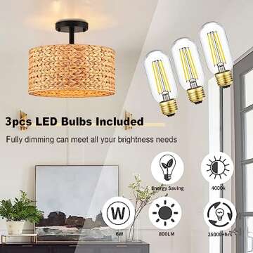 Rattan Ceiling Light Fixture Boho Semi Flush Mount Ceiling Light,3 Light Farmhouse Chandelier Ceiling Light Fixtures with Woven Wicker Lampshade,Rustic Ceiling Lamp Flush Mount for Living Bedroom