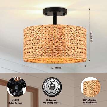 Rattan Ceiling Light Fixture Boho Semi Flush Mount Ceiling Light,3 Light Farmhouse Chandelier Ceiling Light Fixtures with Woven Wicker Lampshade,Rustic Ceiling Lamp Flush Mount for Living Bedroom