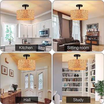 Rattan Ceiling Light Fixture Boho Semi Flush Mount Ceiling Light,3 Light Farmhouse Chandelier Ceiling Light Fixtures with Woven Wicker Lampshade,Rustic Ceiling Lamp Flush Mount for Living Bedroom