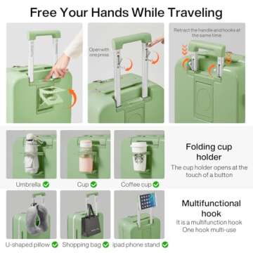 mixi Carry On Luggage with Cup Phone Holder and Charger Hard Shell Suitcases with Spinner Wheels, 20 Inch Avocado Green