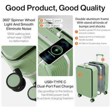 mixi Carry On Luggage with Cup Phone Holder and Charger Hard Shell Suitcases with Spinner Wheels, 20 Inch Avocado Green