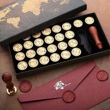 Yoption 26 Letters A-Z Initial Alphabet Wax Seal Stamp Kit, Vintage Handwritten Letter Sealing Wax Stamp with 2pcs Wooden Handles (A-Z)