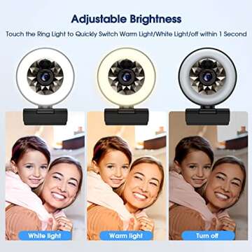 Streaming Webcam with Light - 2 Light Colors/Dual Microphones Webcam with Light: Stepless Dimming Adjustable Brightness, Auto-Focus HD 1080P Webcam with Tripod, Web Camera for PC Laptop Computer