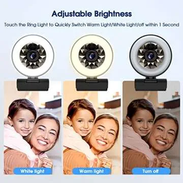 Streaming Webcam with Light - 2 Light Colors/Dual Microphones Webcam with Light: Stepless Dimming Adjustable Brightness, Auto-Focus HD 1080P Webcam with Tripod, Web Camera for PC Laptop Computer