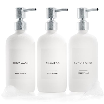 Stylish Shampoo and Conditioner Dispenser Set of 3 - Modern 21oz Shower Soap Bottles with Pump and L...
