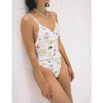 NUFIWI Women’s Y2K Graphic Print One Piece Swimsuit Tummy Control Bathing Suits High Cut Cutout Back Swimwear White