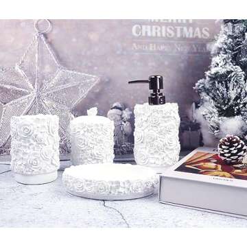 Hymmah Bathroom Accessories Set,Rose Design Bathroom Set,Farmhouse Bathroom Decor,4 Pcs Resin Gift S...