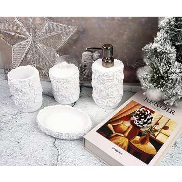 Hymmah Bathroom Accessories Set,Rose Design Bathroom Set,Farmhouse Bathroom Decor,4 Pcs Resin Gift Set Apartment Necessities, Contain Cotton Swab Jar,Soap Dispenser,Soap Dish,Tumbler White