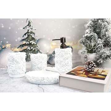 Hymmah Bathroom Accessories Set,Rose Design Bathroom Set,Farmhouse Bathroom Decor,4 Pcs Resin Gift Set Apartment Necessities, Contain Cotton Swab Jar,Soap Dispenser,Soap Dish,Tumbler White