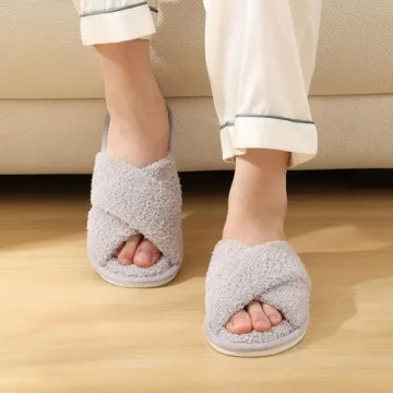 Evshine Women's Fuzzy Slippers Cross Band Memory Foam House Slippers Open Toe, Beautiful Velvet Grey...