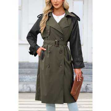 Bellivera Double Breasted Classic Lapel Trench Coat Midi Length Belted Windproof Overcoat with Faux Leather Sleeves 2024 Armygreen S