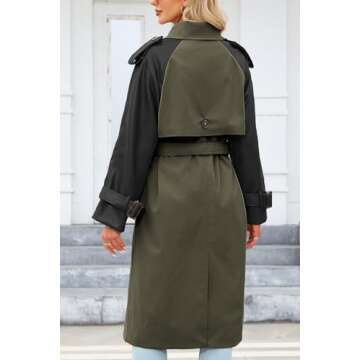 Bellivera Double Breasted Classic Lapel Trench Coat Midi Length Belted Windproof Overcoat with Faux Leather Sleeves 2024 Armygreen S