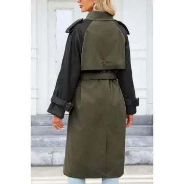 Bellivera Double Breasted Classic Lapel Trench Coat Midi Length Belted Windproof Overcoat with Faux Leather Sleeves 2024 Armygreen S