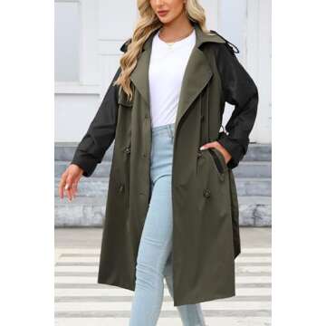 Bellivera Double Breasted Classic Lapel Trench Coat Midi Length Belted Windproof Overcoat with Faux Leather Sleeves 2024 Armygreen S
