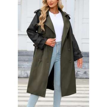 Bellivera Double Breasted Classic Lapel Trench Coat Midi Length Belted Windproof Overcoat with Faux Leather Sleeves 2024 Armygreen S