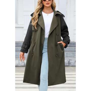 Bellivera Double Breasted Classic Lapel Trench Coat Midi Length Belted Windproof Overcoat with Faux Leather Sleeves 2024 Armygreen S