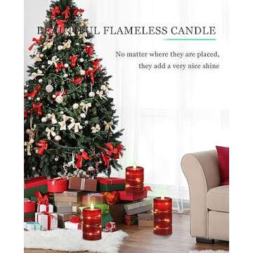 Fanzir Red Flameless Candles with String Lights Battery Operated LED Pillar Candles 4‘’ 5‘’ 6‘’ Candle with Remote Control,Fake Candle Set of 3 for Christmas or Special Festivals Decorations