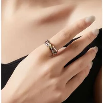 POWNOOL Chunky Band Rings for Women 2 Tone Intertwined Crossover Statement Ring, Cable Wire Twine Tw...