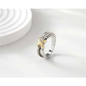 POWNOOL Chunky Band Rings for Women 2 Tone Intertwined Crossover Statement Ring, Cable Wire Twine Twisted Wide Index Finger Gold and Silver Ring Fashion Costume Jewelry Gifts for Her (7)