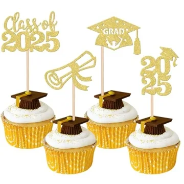 24 PCS Class of 2025 Graduation Theme Cupcake Toppers Glitter Diploma Graduation Cap Cupcake Picks 2...